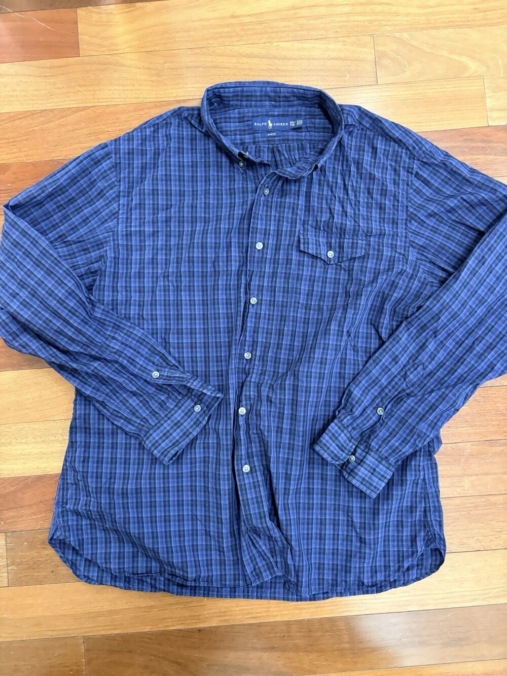 Ralph Lauren Men’s Blue Plaid Button-Down Shirt XXL 2XL 100% cotton slim fit